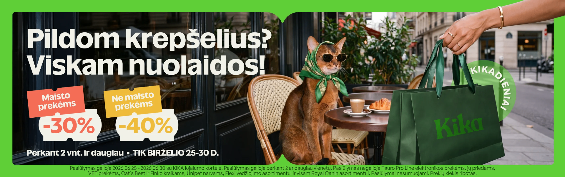 Pildom krepšelius? Viskam nuolaidos! Maisto prekėms –30 %, ne maisto prekėms –40 %. KIKA dienos – birželio 25–30 d.